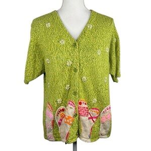 Fisher Hill Green Beaded Sandal Floral Embroidered Button‎ Down Sweater Size XL